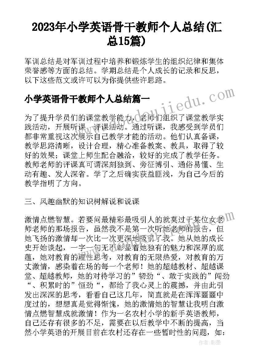 2023年小学英语骨干教师个人总结(汇总15篇)