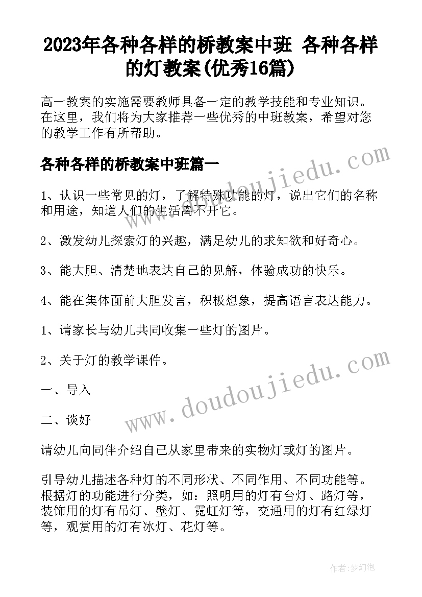 2023年各种各样的桥教案中班 各种各样的灯教案(优秀16篇)