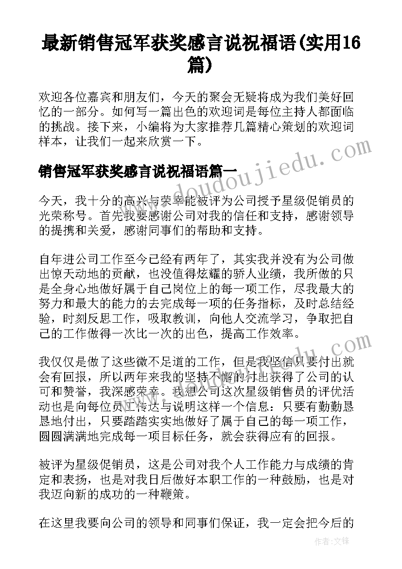 最新销售冠军获奖感言说祝福语(实用16篇)