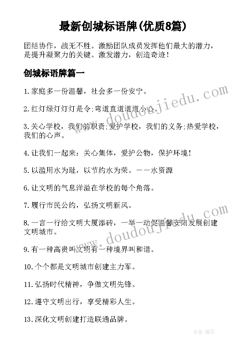 最新创城标语牌(优质8篇)