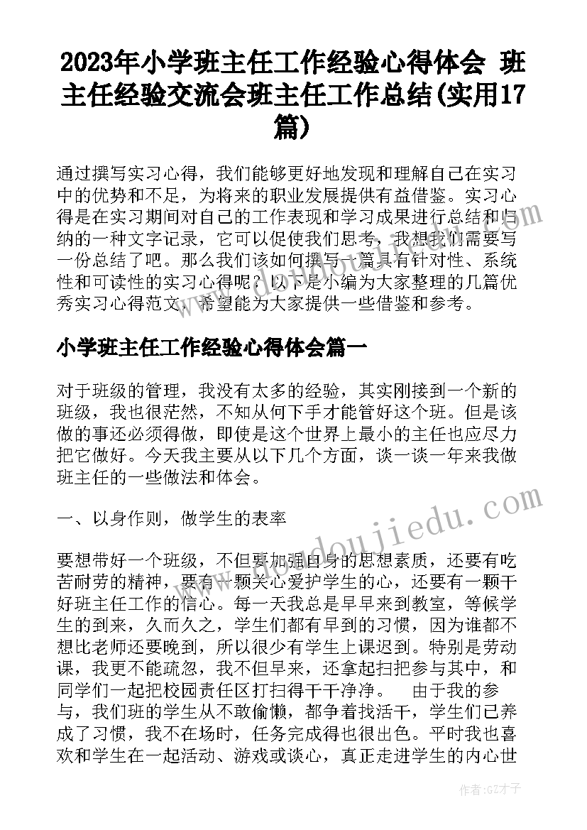 2023年小学班主任工作经验心得体会 班主任经验交流会班主任工作总结(实用17篇)