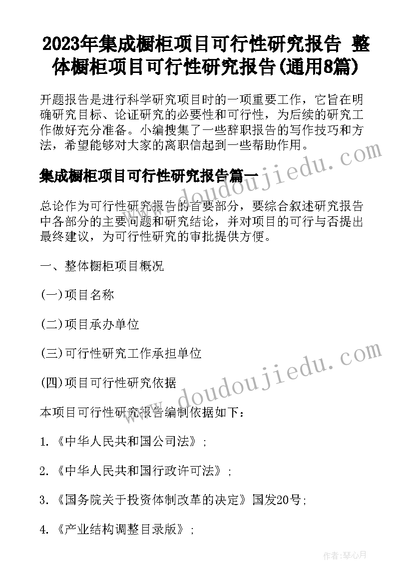 2023年集成橱柜项目可行性研究报告 整体橱柜项目可行性研究报告(通用8篇)