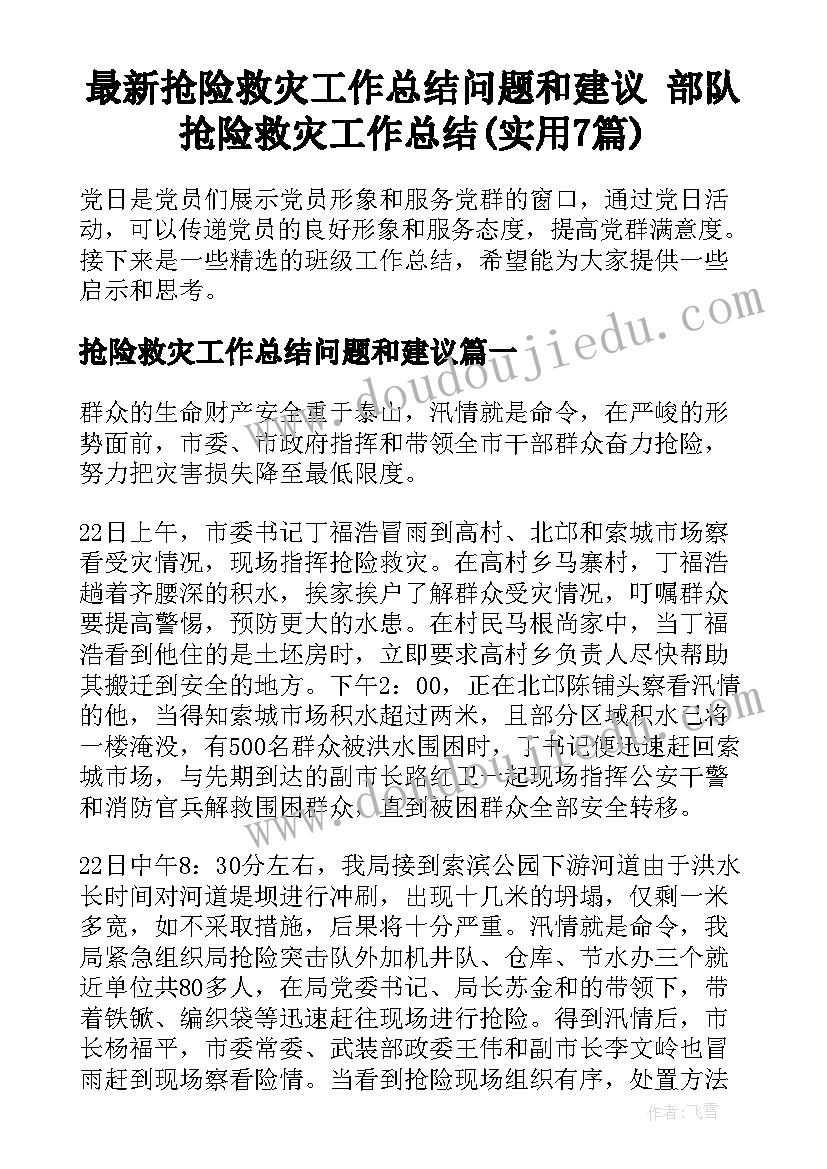 最新抢险救灾工作总结问题和建议 部队抢险救灾工作总结(实用7篇)