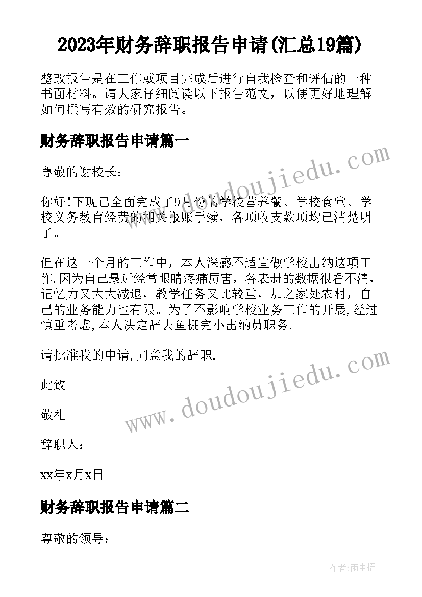 2023年财务辞职报告申请(汇总19篇)