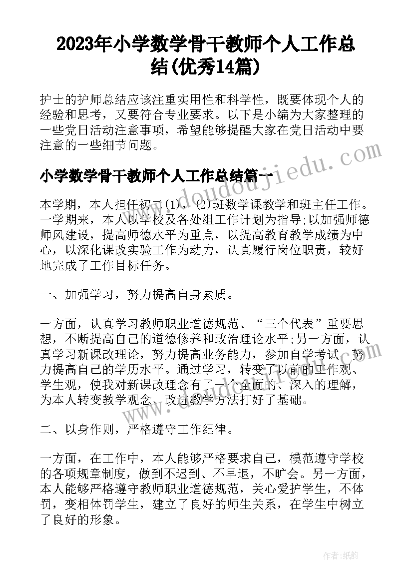 2023年小学数学骨干教师个人工作总结(优秀14篇)