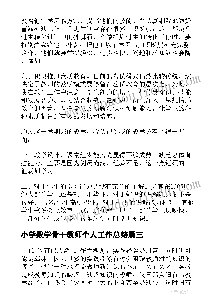 2023年小学数学骨干教师个人工作总结(优秀14篇)