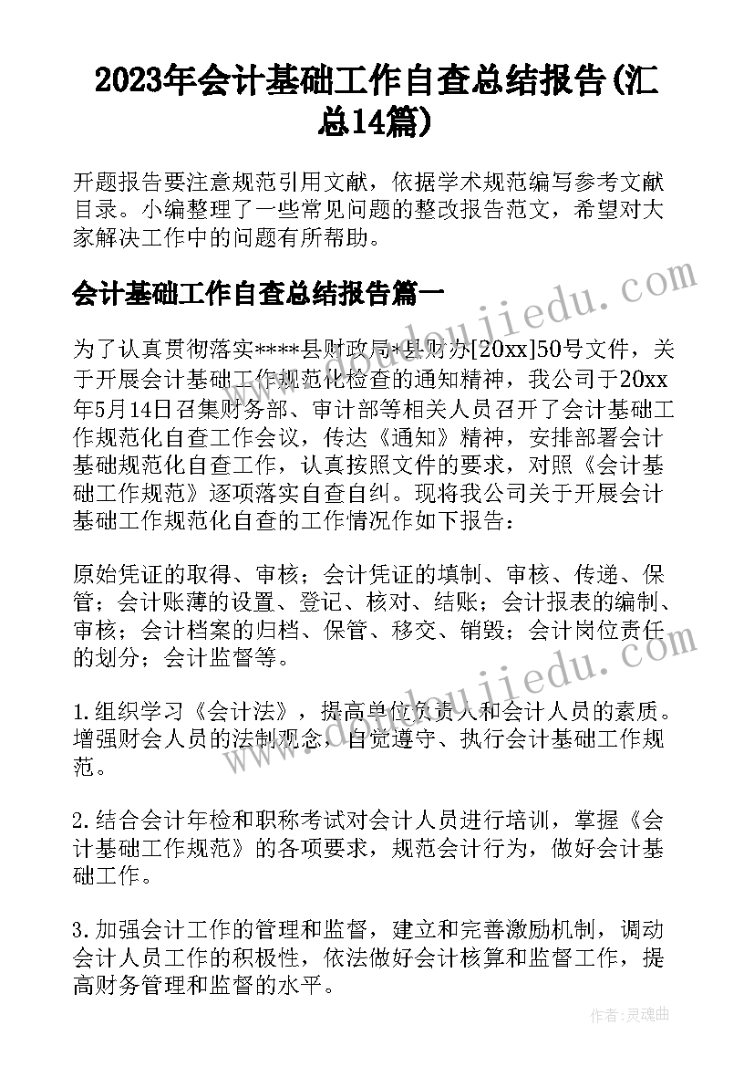 2023年会计基础工作自查总结报告(汇总14篇)