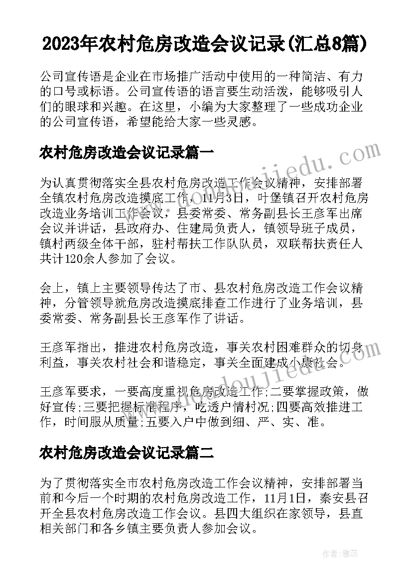 2023年农村危房改造会议记录(汇总8篇)