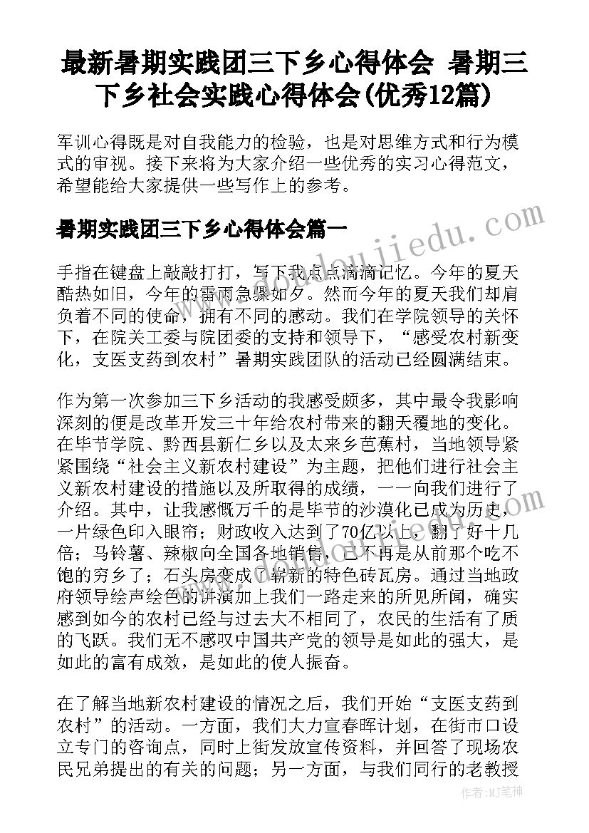 最新暑期实践团三下乡心得体会 暑期三下乡社会实践心得体会(优秀12篇)