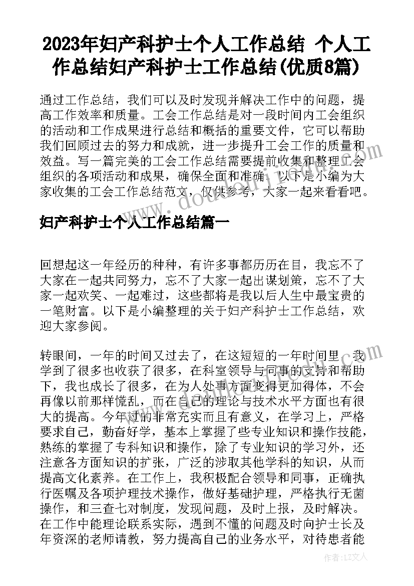 2023年妇产科护士个人工作总结 个人工作总结妇产科护士工作总结(优质8篇)