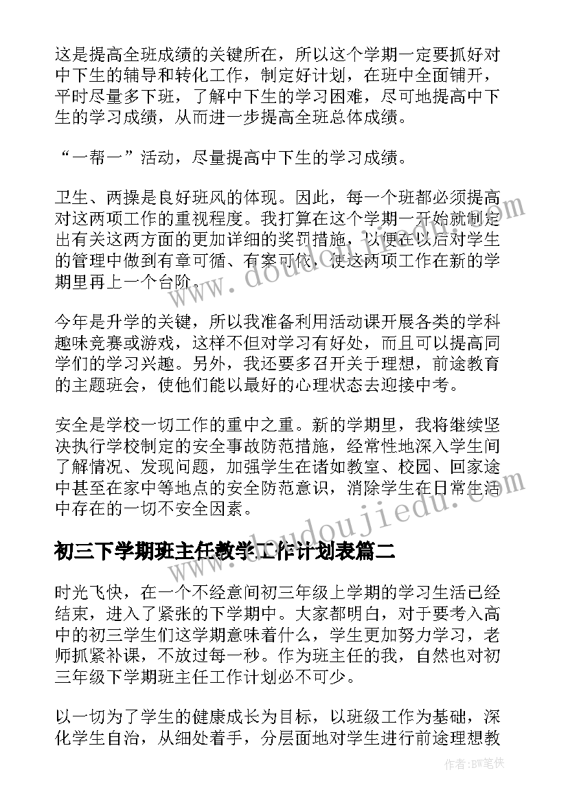 初三下学期班主任教学工作计划表 初三下学期班主任工作计划(汇总9篇)