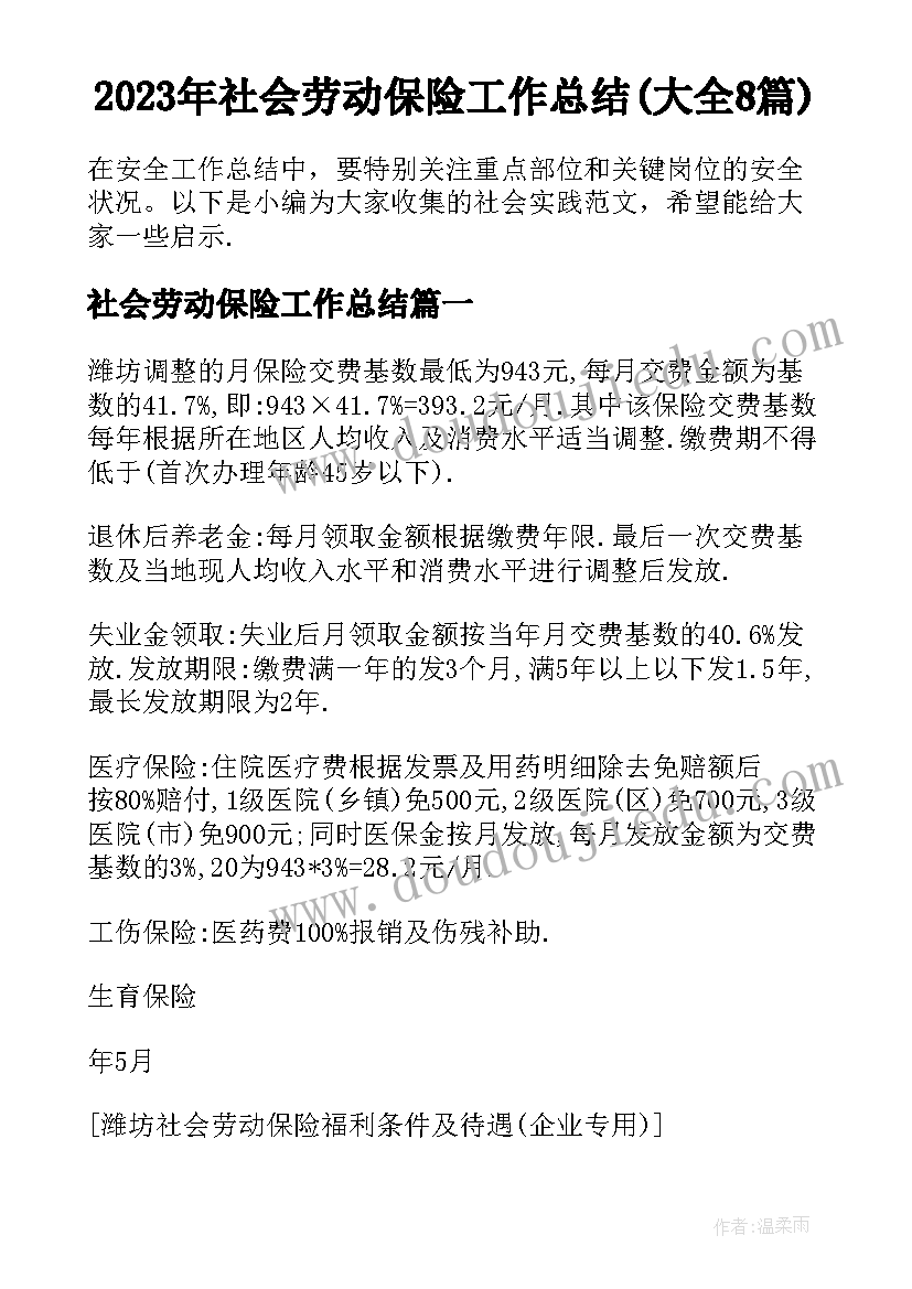 2023年社会劳动保险工作总结(大全8篇)