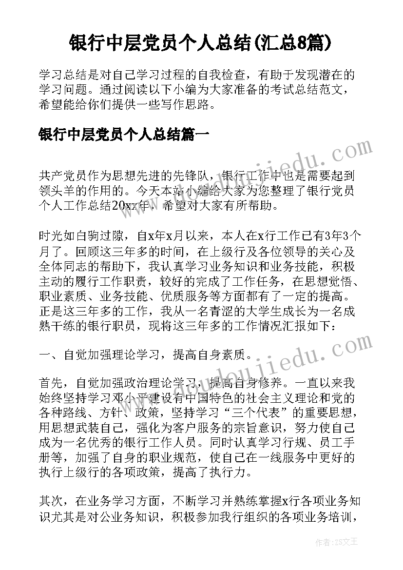 银行中层党员个人总结(汇总8篇)