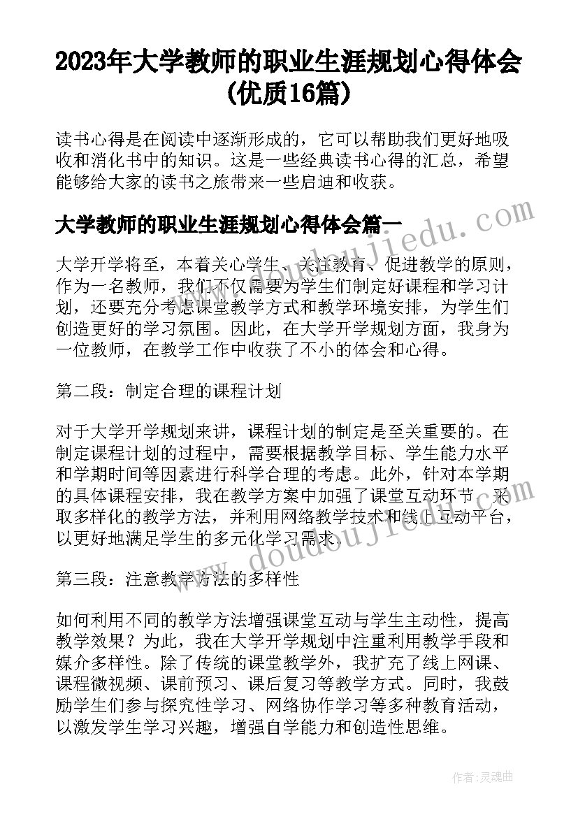 2023年大学教师的职业生涯规划心得体会(优质16篇)