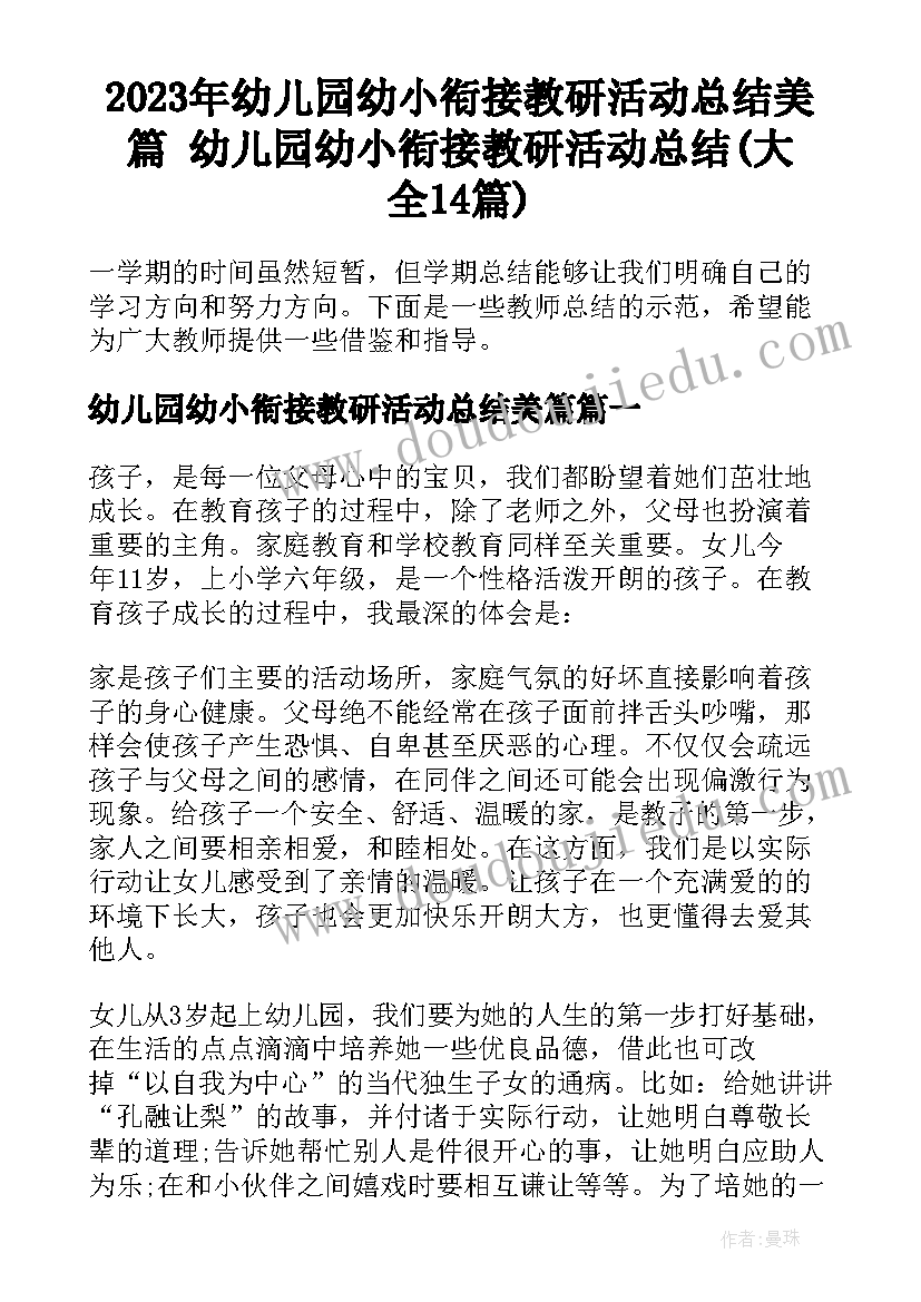 2023年幼儿园幼小衔接教研活动总结美篇 幼儿园幼小衔接教研活动总结(大全14篇)