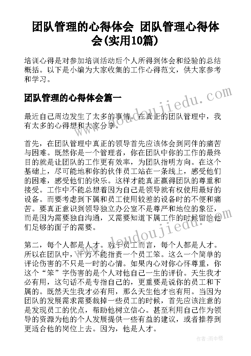 团队管理的心得体会 团队管理心得体会(实用10篇)