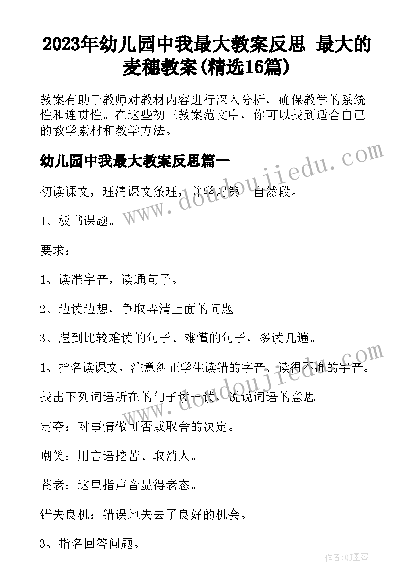 2023年幼儿园中我最大教案反思 最大的麦穗教案(精选16篇)