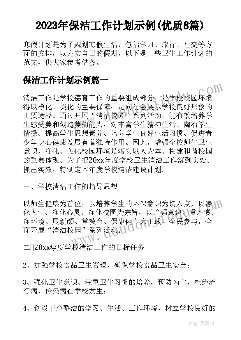 2023年保洁工作计划示例(优质8篇)