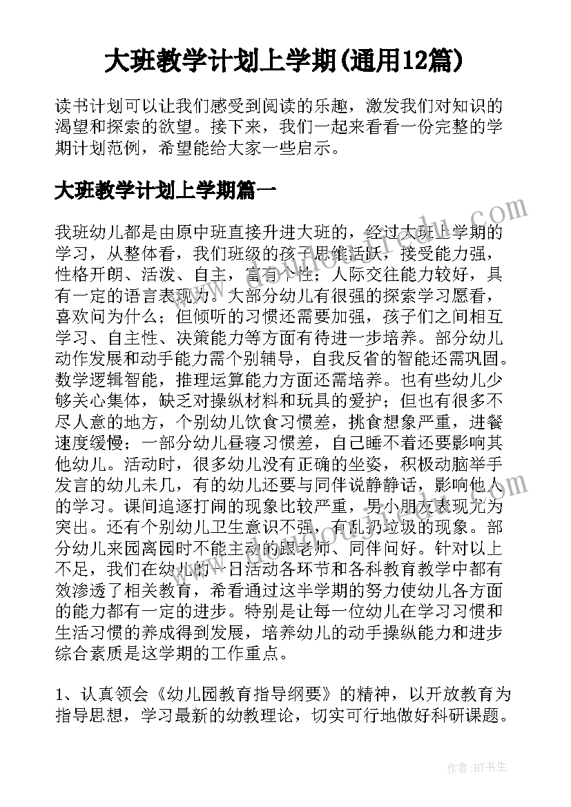 大班教学计划上学期(通用12篇)