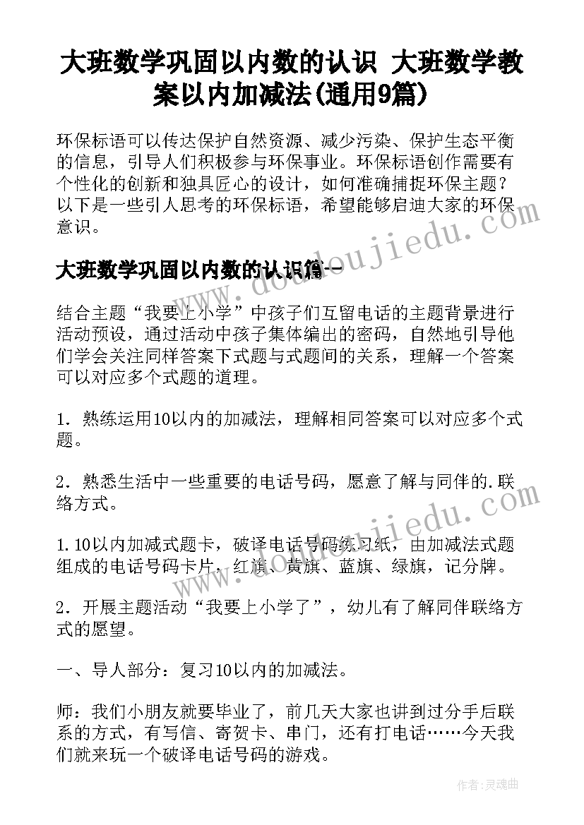 大班数学巩固以内数的认识 大班数学教案以内加减法(通用9篇)