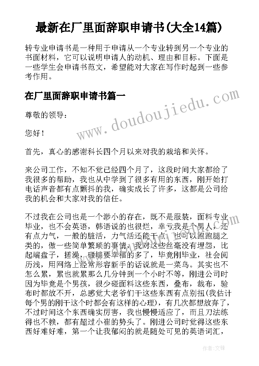 最新在厂里面辞职申请书(大全14篇)