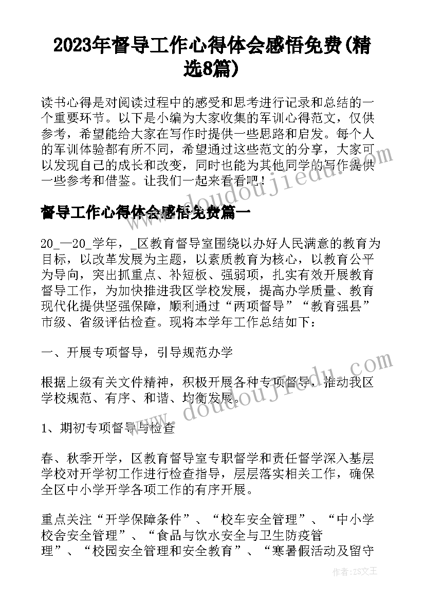 2023年督导工作心得体会感悟免费(精选8篇)