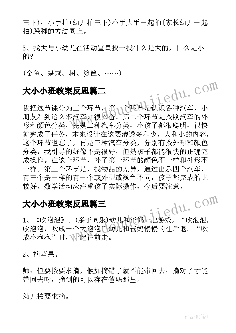 最新大小小班教案反思(模板16篇)