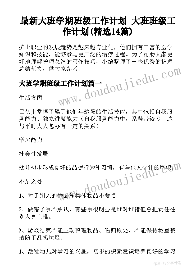 最新大班学期班级工作计划 大班班级工作计划(精选14篇)