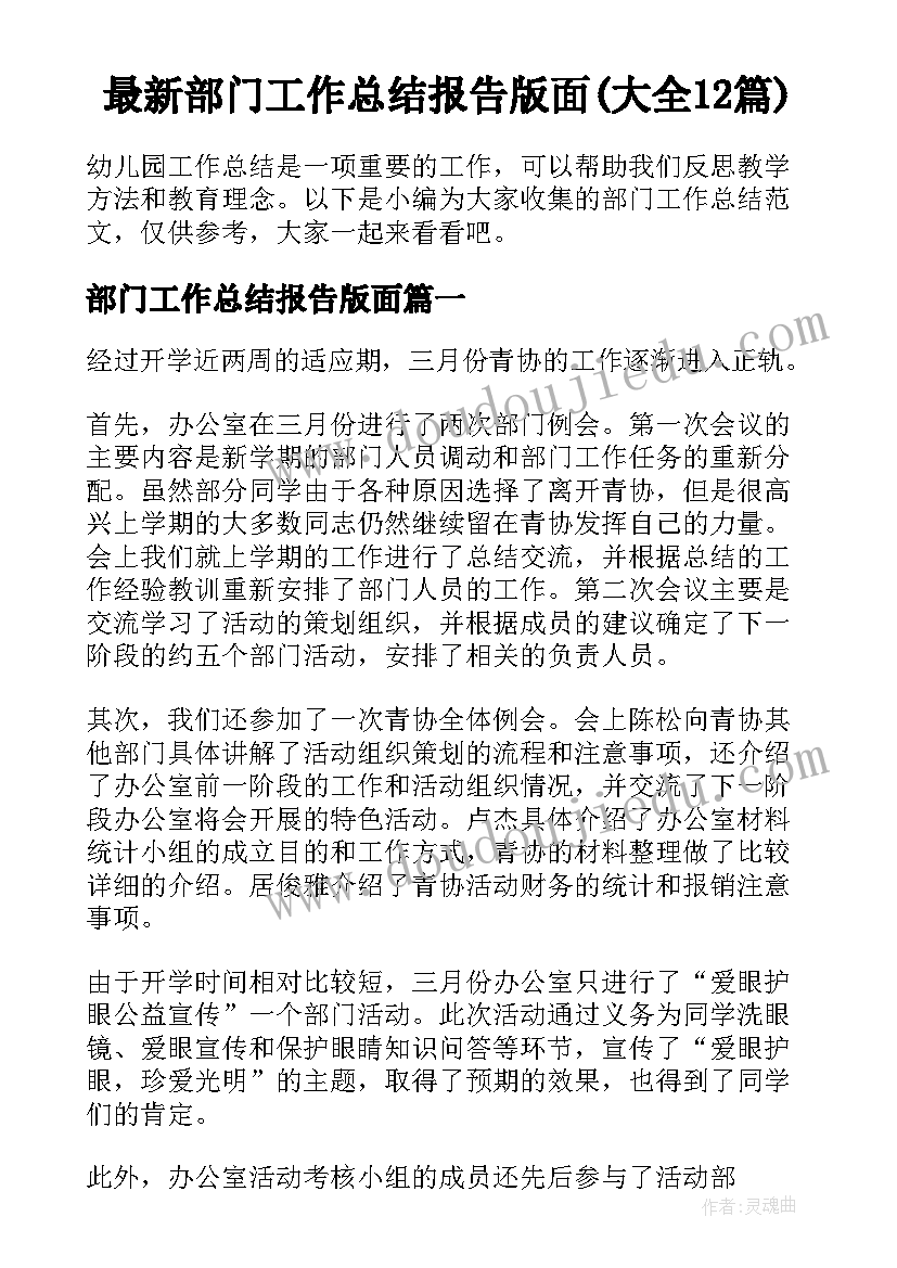 最新部门工作总结报告版面(大全12篇)