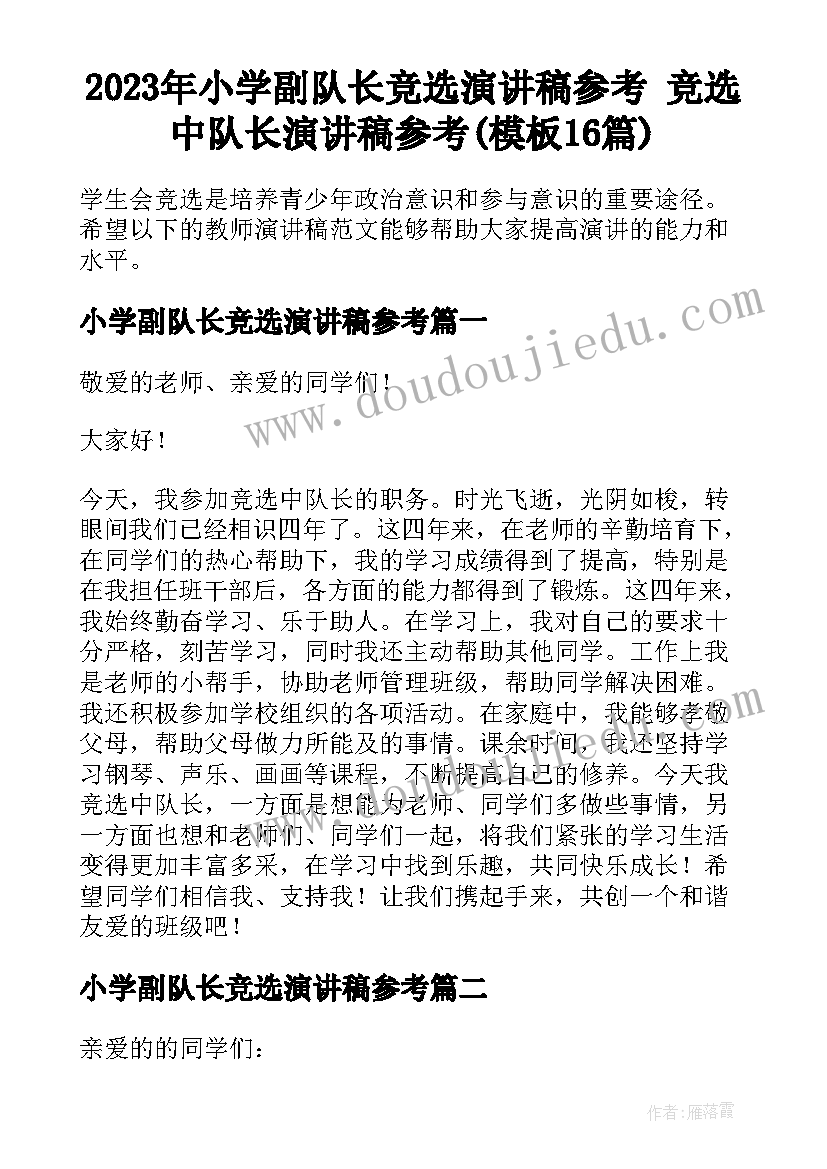 2023年小学副队长竞选演讲稿参考 竞选中队长演讲稿参考(模板16篇)