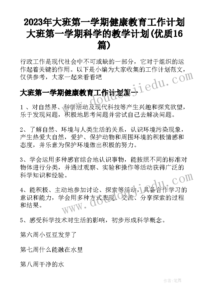 2023年大班第一学期健康教育工作计划 大班第一学期科学的教学计划(优质16篇)