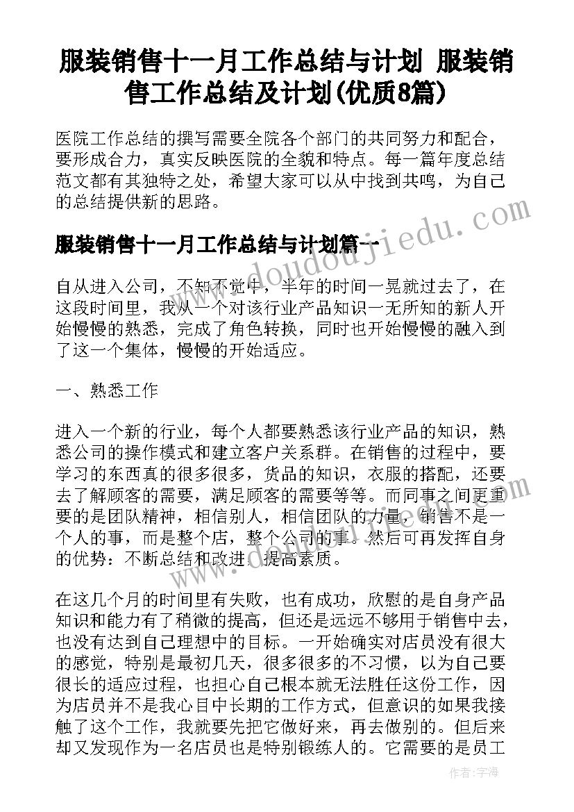 服装销售十一月工作总结与计划 服装销售工作总结及计划(优质8篇)