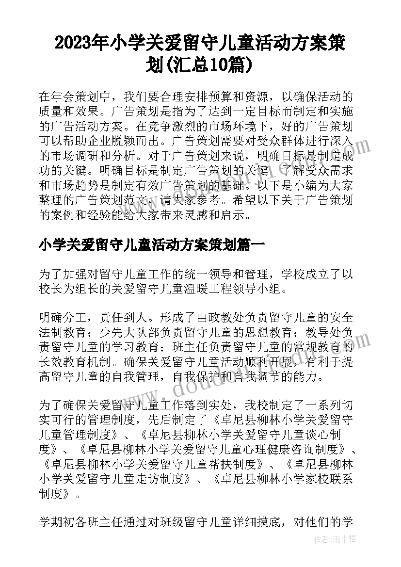 2023年小学关爱留守儿童活动方案策划(汇总10篇)