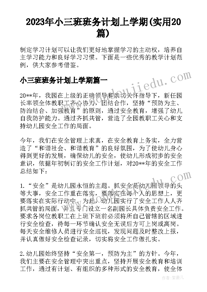 2023年小三班班务计划上学期(实用20篇)