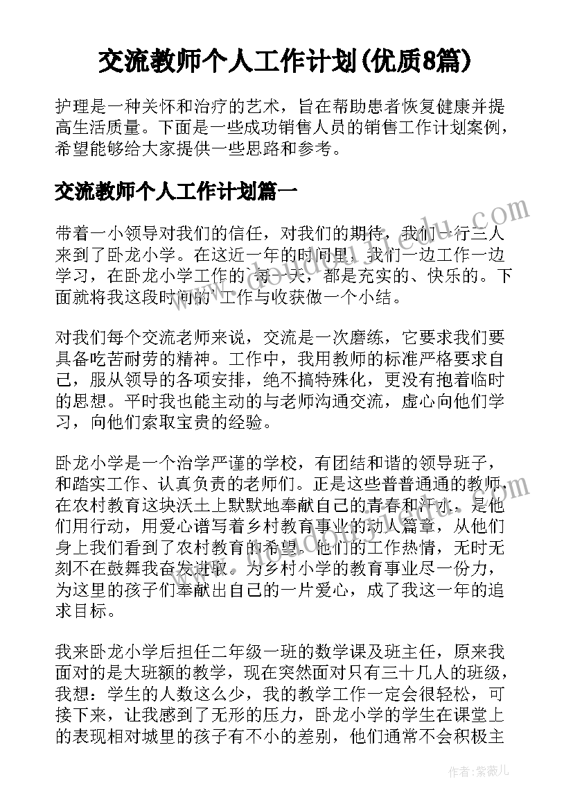 交流教师个人工作计划(优质8篇)