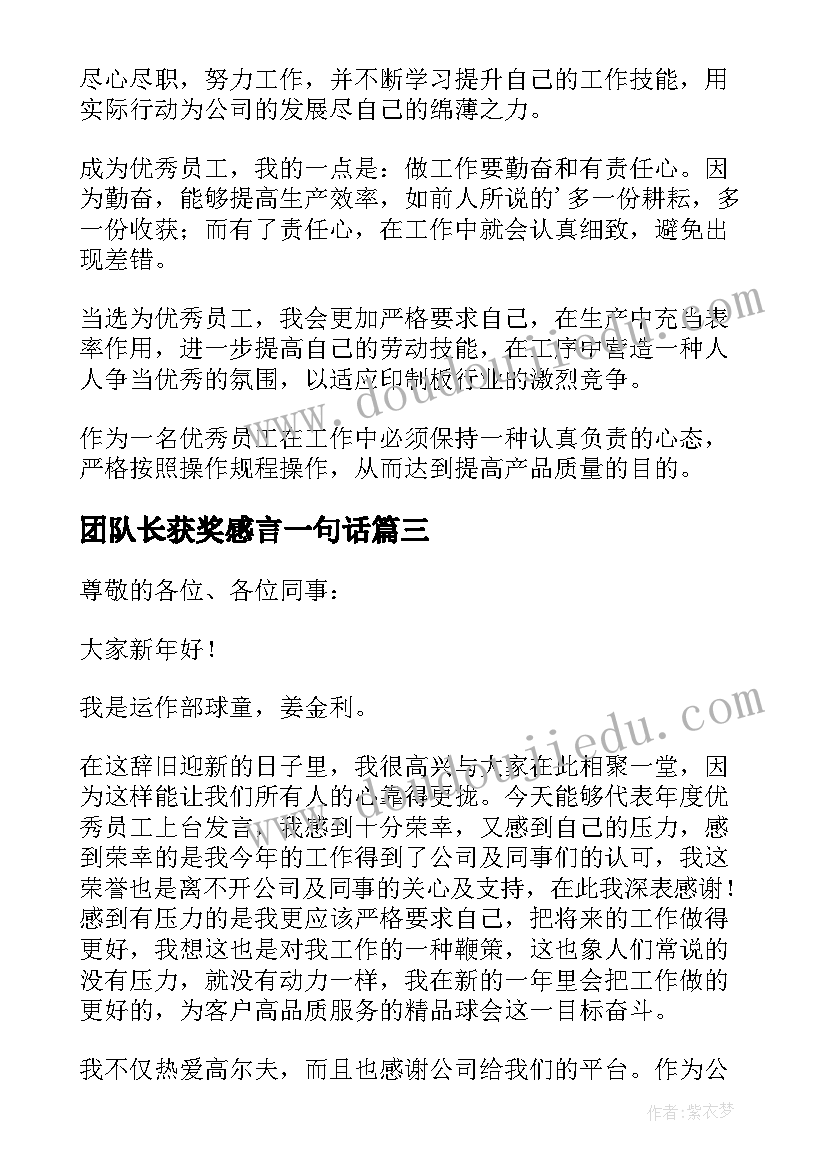 2023年团队长获奖感言一句话 财险公司团队长获奖感言(精选8篇)