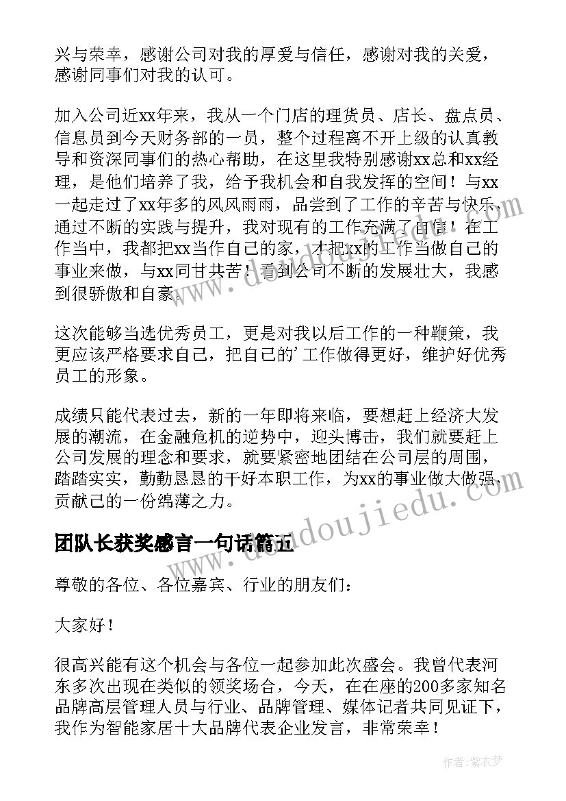 2023年团队长获奖感言一句话 财险公司团队长获奖感言(精选8篇)