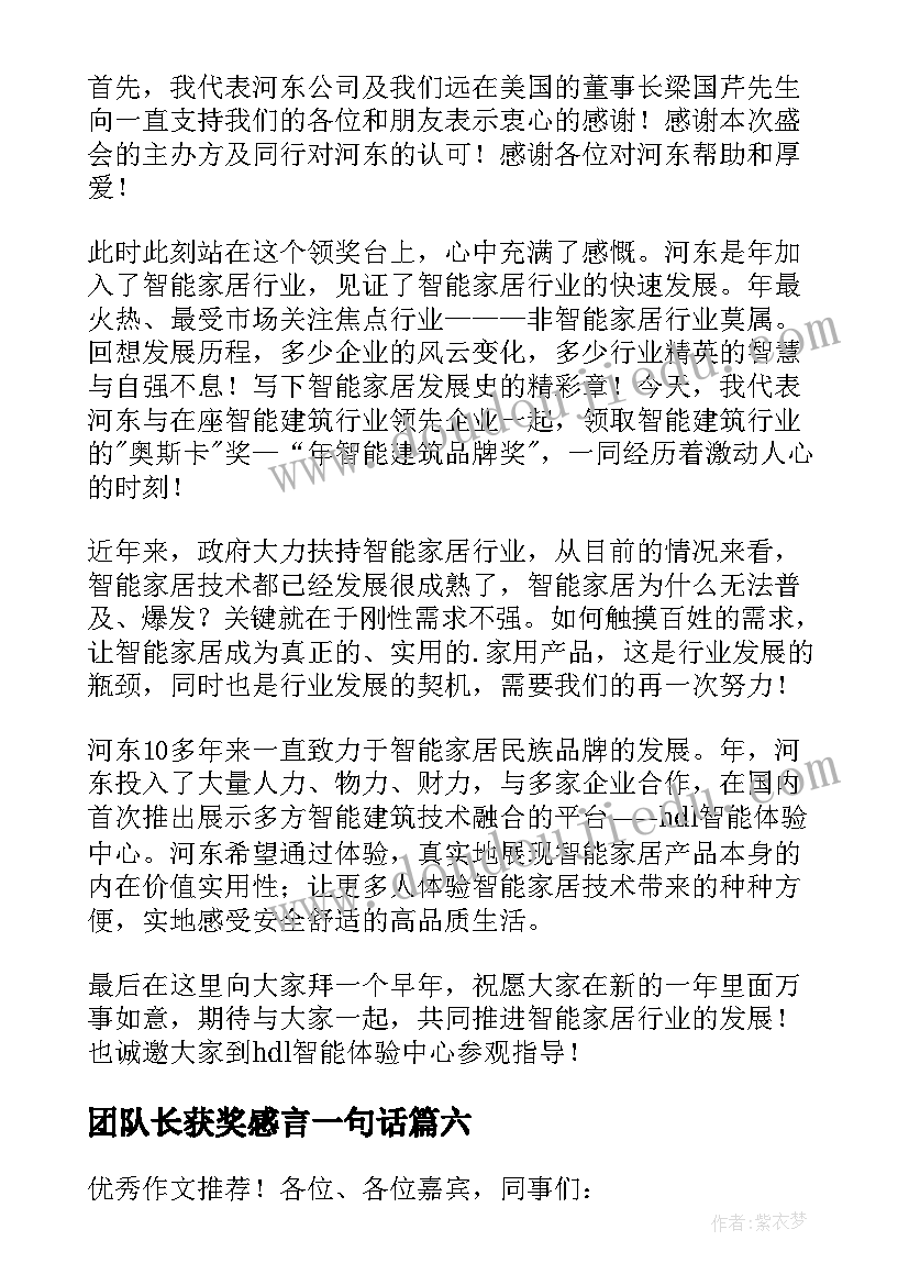 2023年团队长获奖感言一句话 财险公司团队长获奖感言(精选8篇)