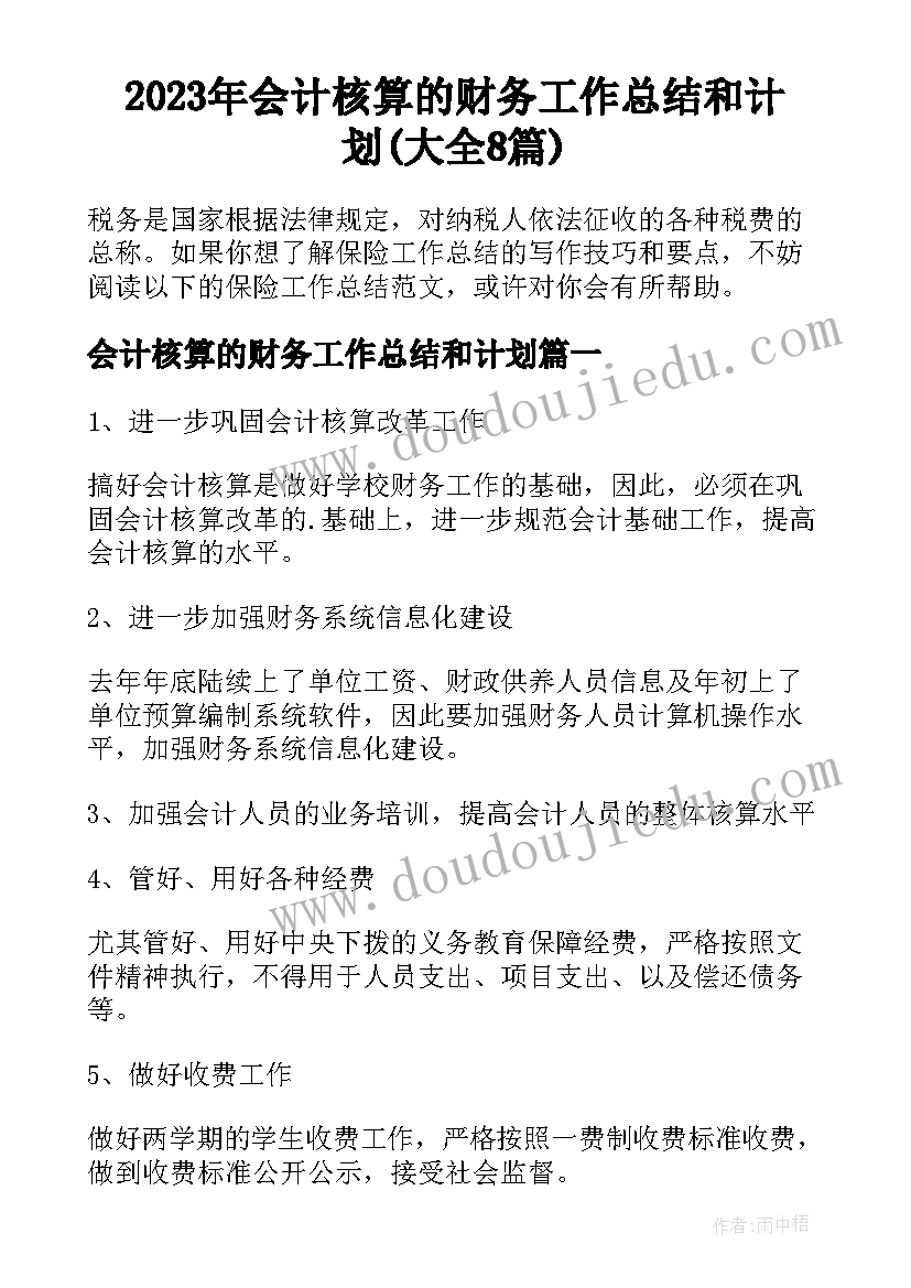 2023年会计核算的财务工作总结和计划(大全8篇)