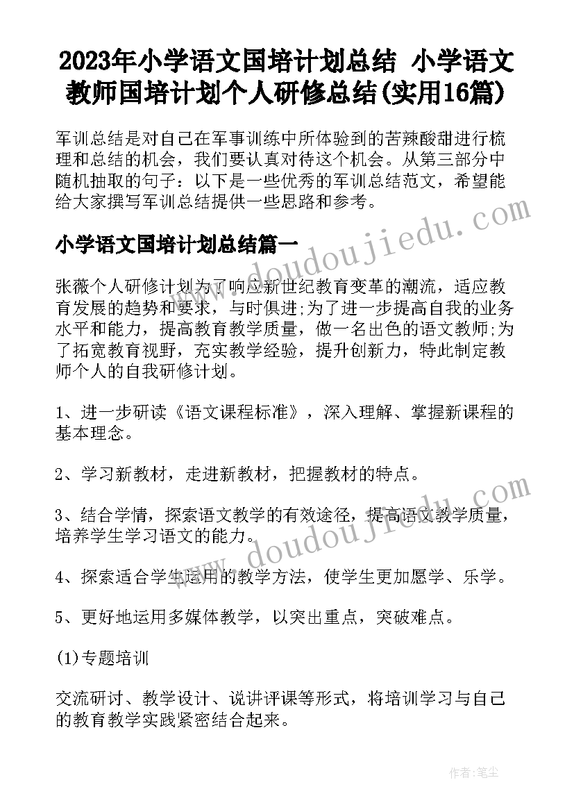 2023年小学语文国培计划总结 小学语文教师国培计划个人研修总结(实用16篇)