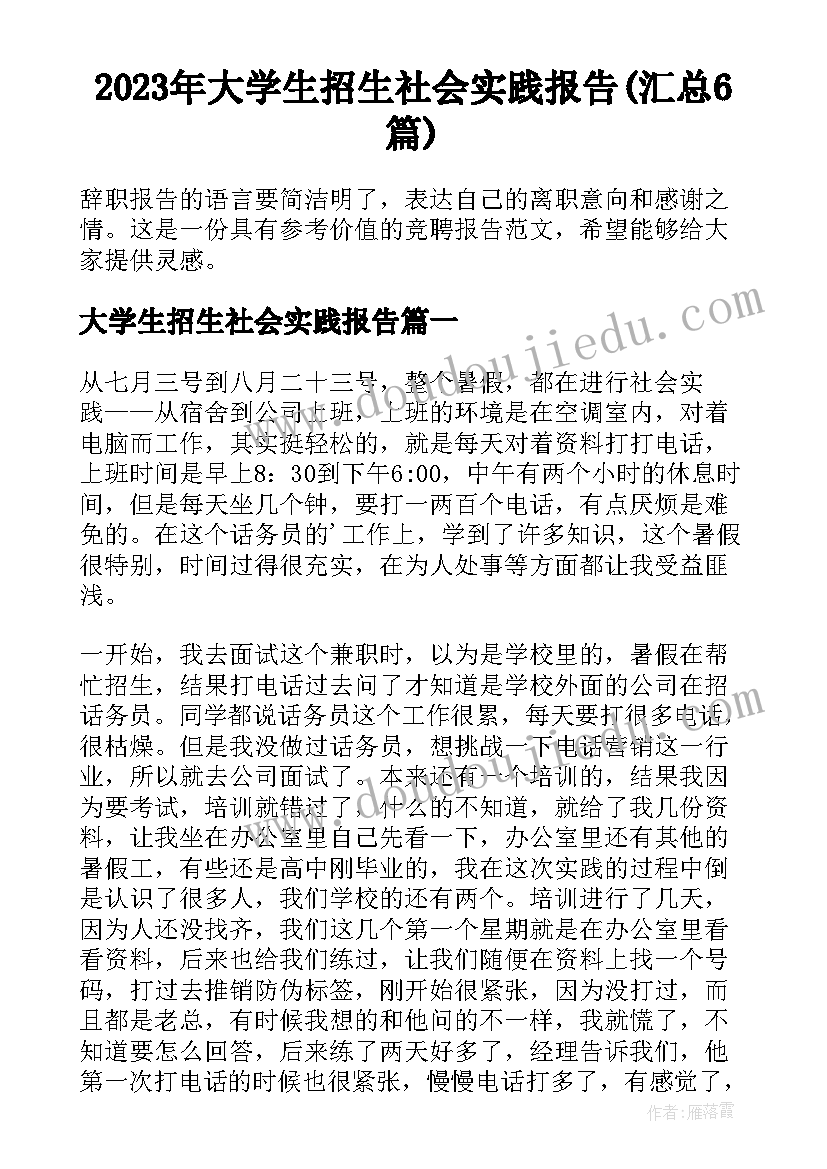 2023年大学生招生社会实践报告(汇总6篇)