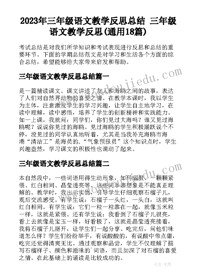 2023年三年级语文教学反思总结 三年级语文教学反思(通用18篇)