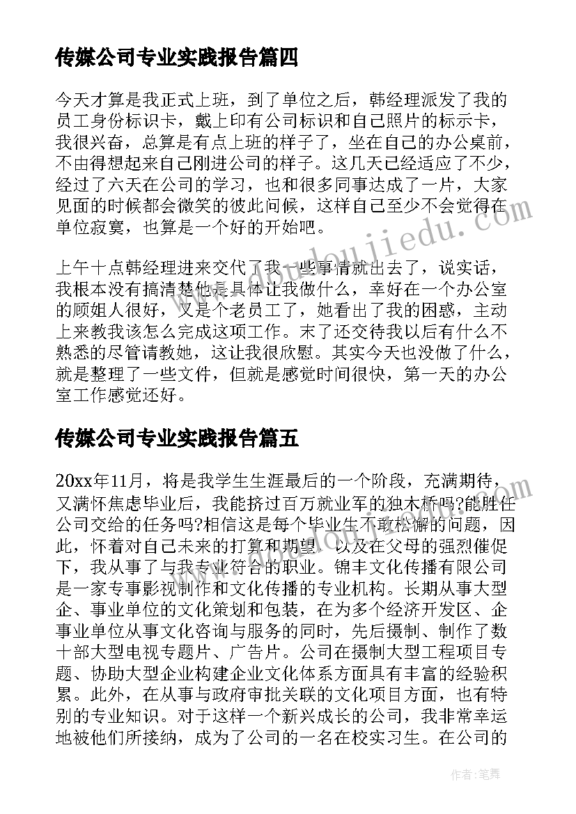 最新传媒公司专业实践报告(通用6篇)