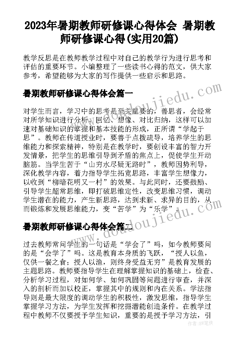 2023年暑期教师研修课心得体会 暑期教师研修课心得(实用20篇)