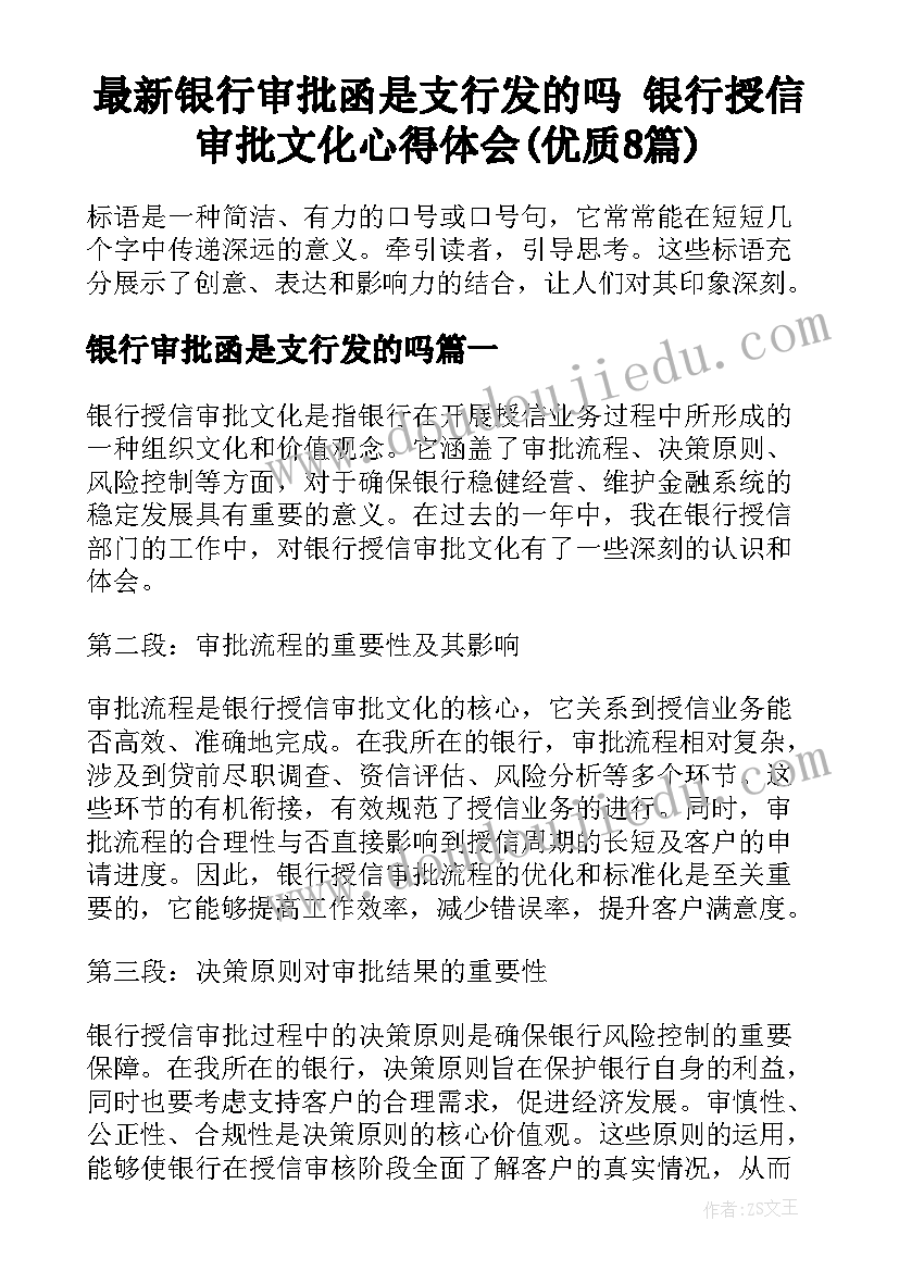 最新银行审批函是支行发的吗 银行授信审批文化心得体会(优质8篇)