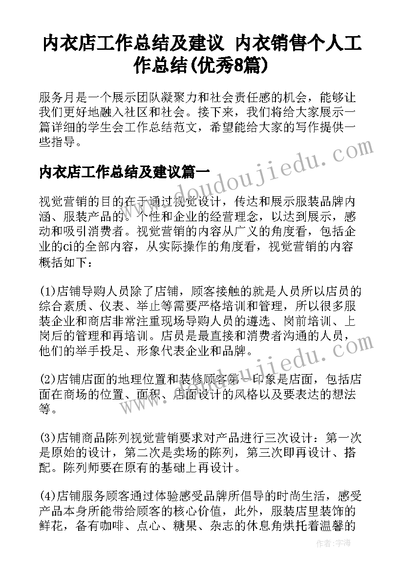 内衣店工作总结及建议 内衣销售个人工作总结(优秀8篇)