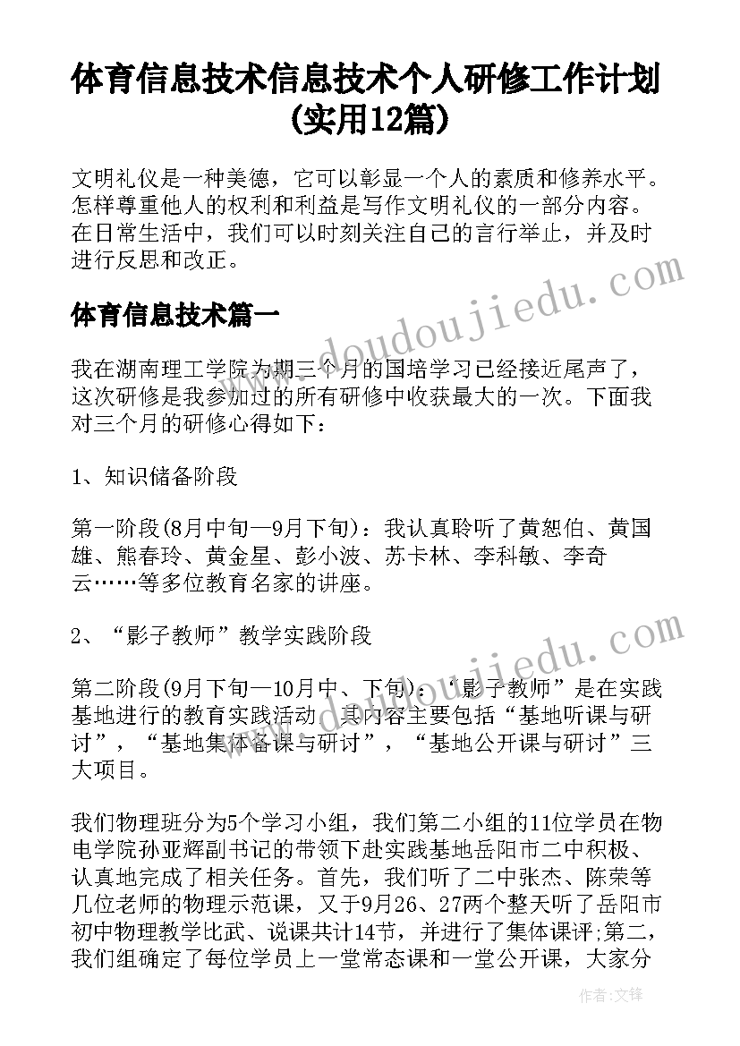 体育信息技术 信息技术个人研修工作计划(实用12篇)