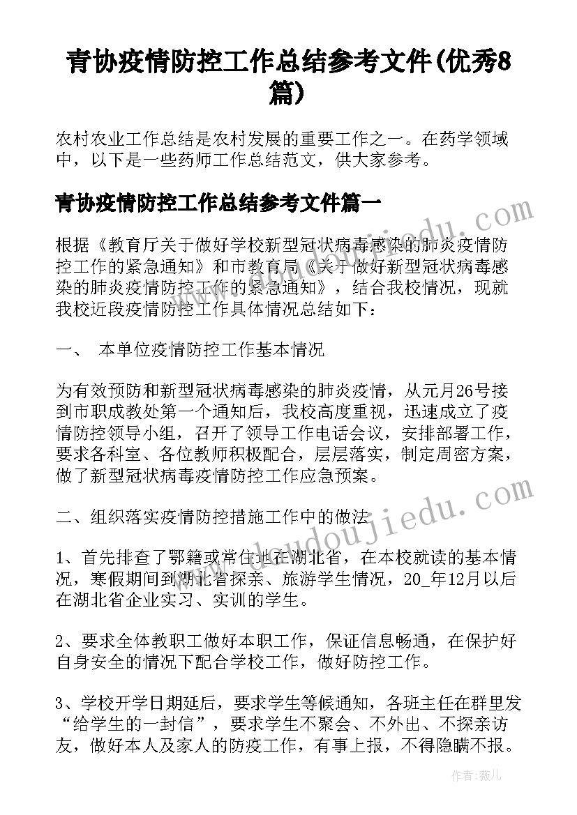 青协疫情防控工作总结参考文件(优秀8篇)