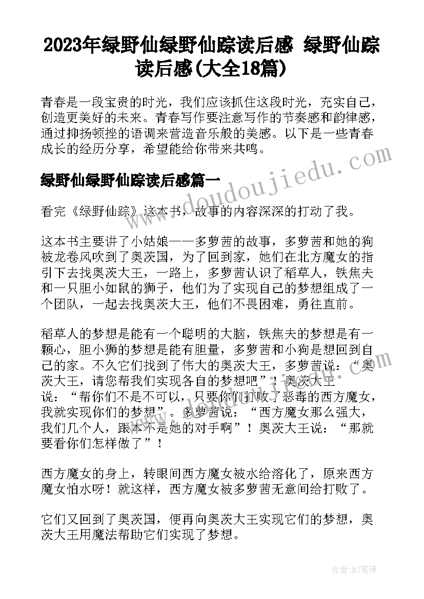 2023年绿野仙绿野仙踪读后感 绿野仙踪读后感(大全18篇)