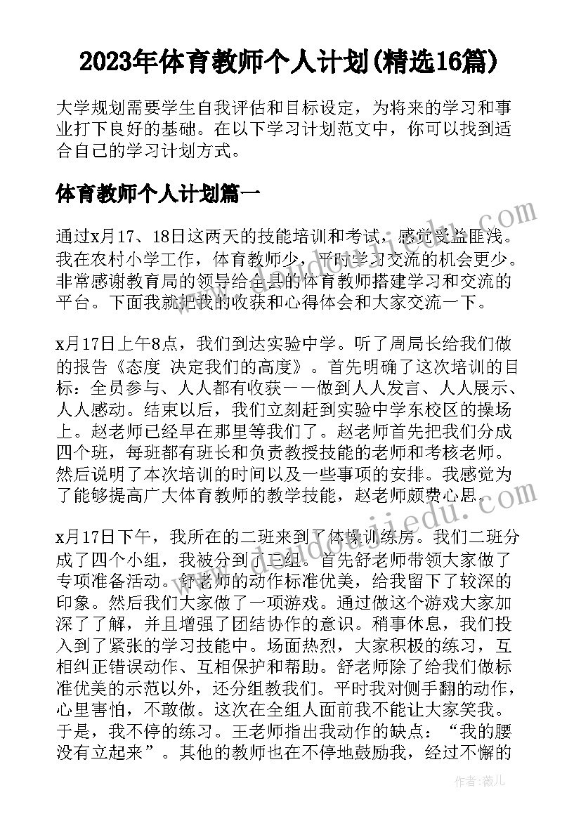 2023年体育教师个人计划(精选16篇)